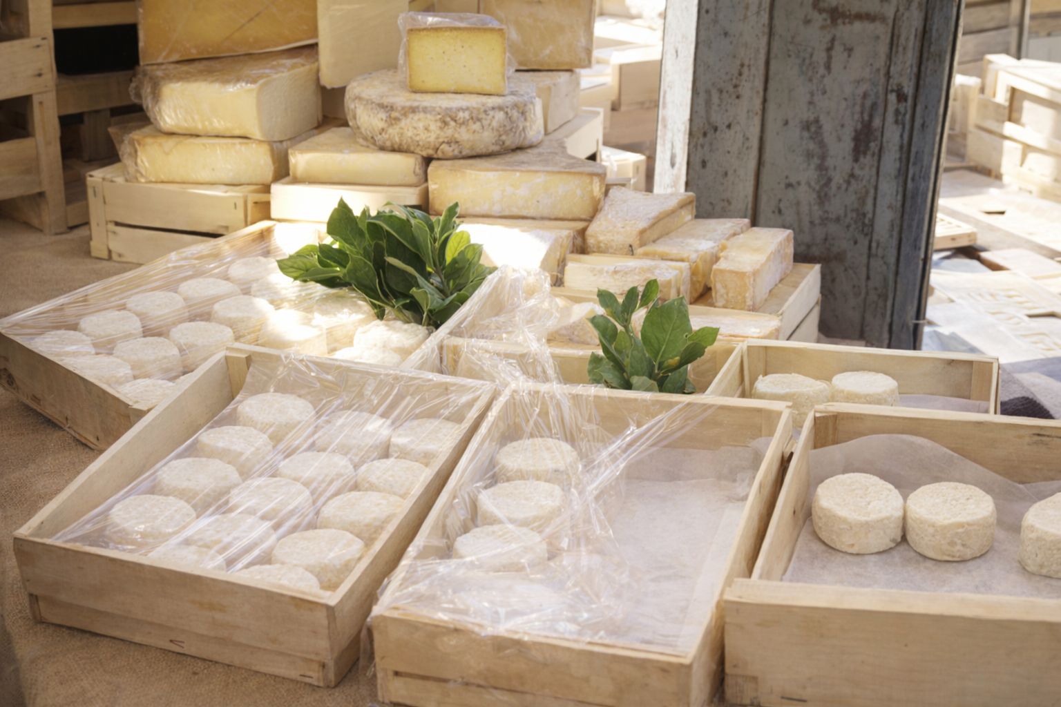Étalage de fromages artisanaux sur un marché provençal tôt le matin.
