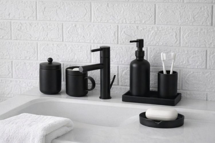 Accessoires de salle de bain noir mat sur un lavabo blanc moderne.